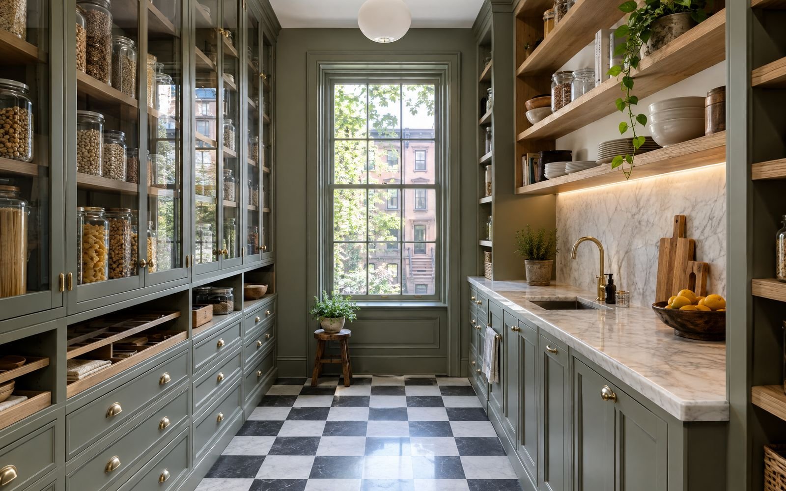 Walk-in pantry with glass-front cabinets and a marble counter, design concept