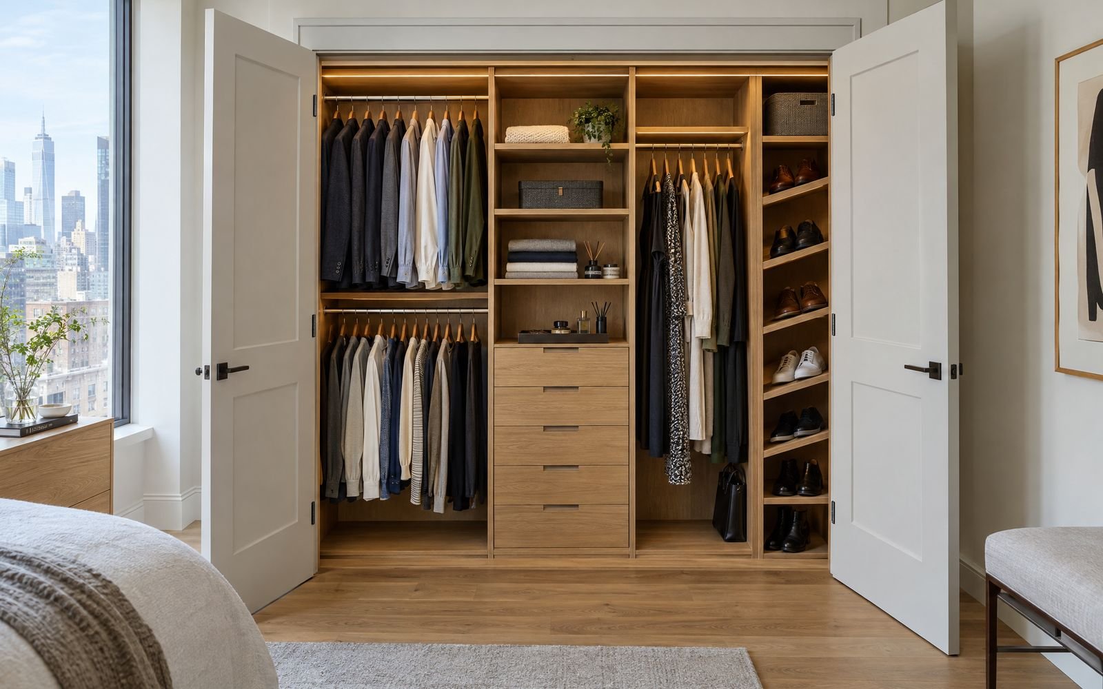 Custom reach-in closet with double hanging, drawers and LED lighting, design concept