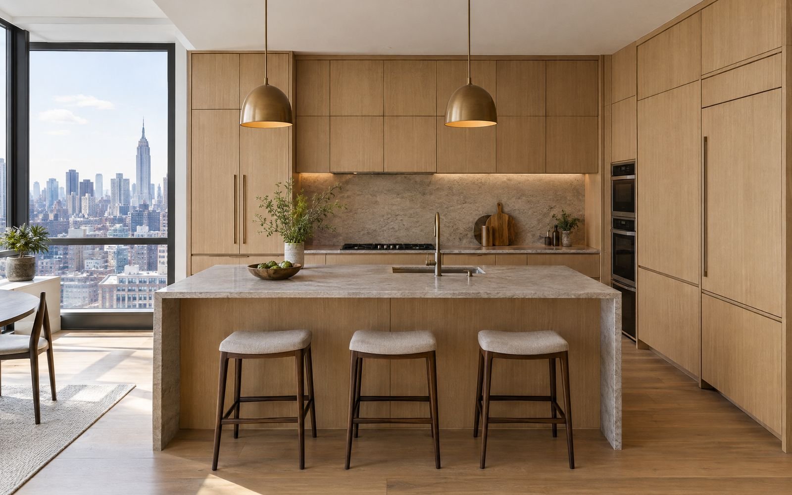 Rift white-oak custom kitchen cabinets with an island, design concept