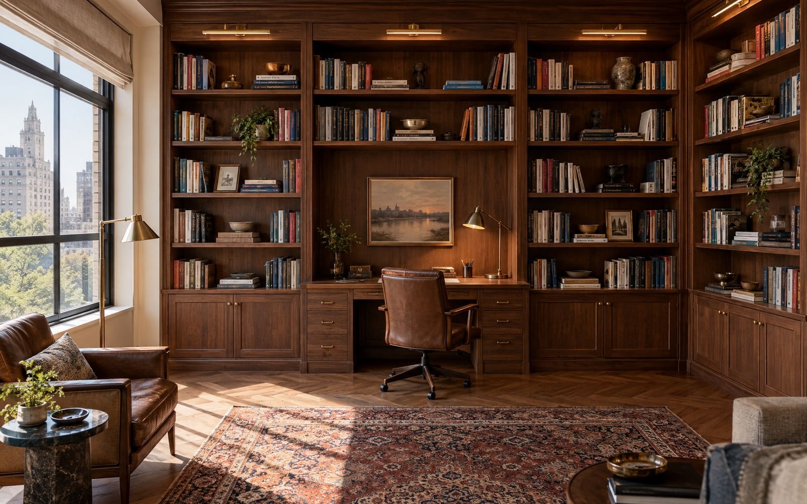 Built-in walnut library shelving and desk, design concept