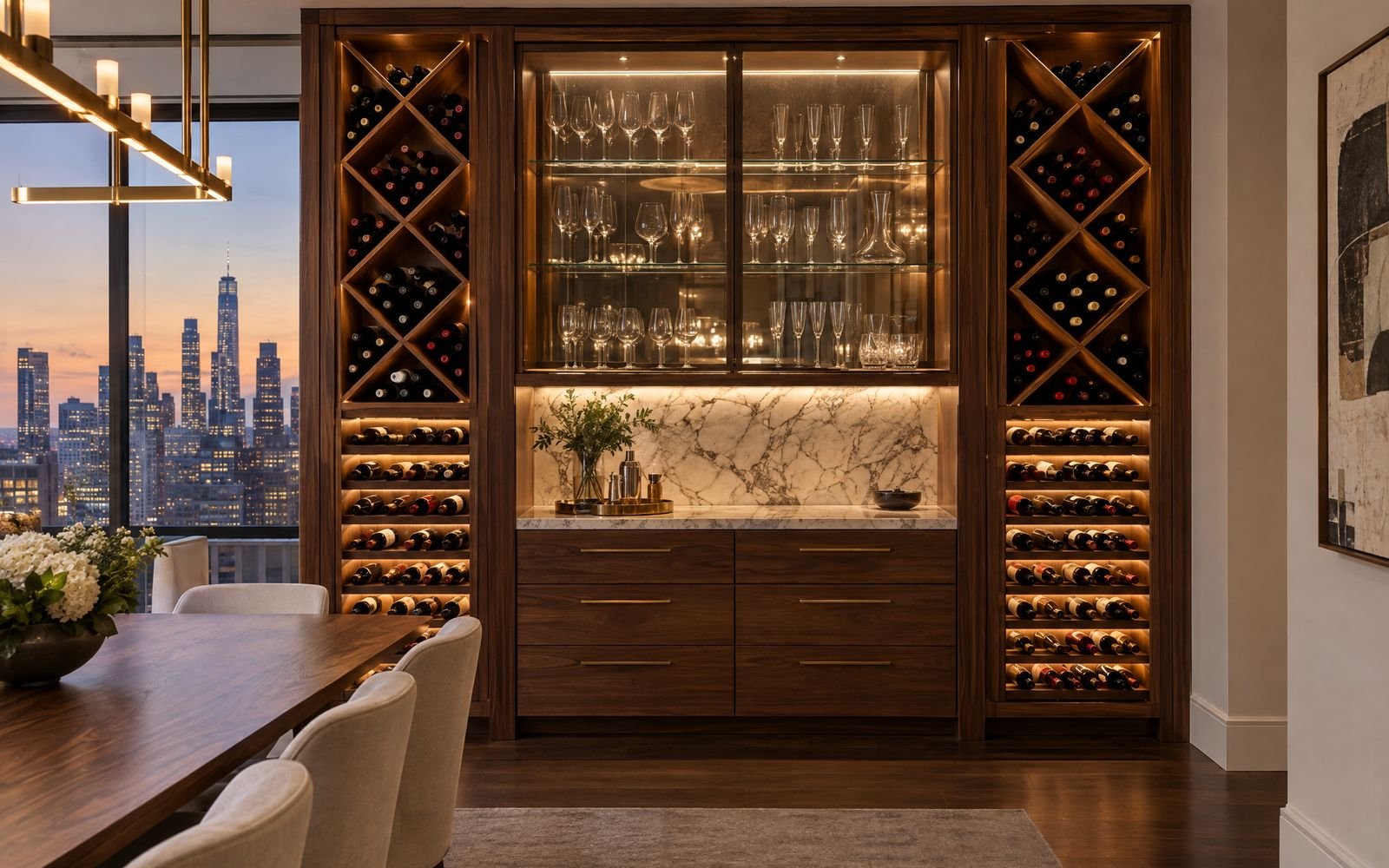 Built-in walnut wine wall with lit bottle racks, design concept