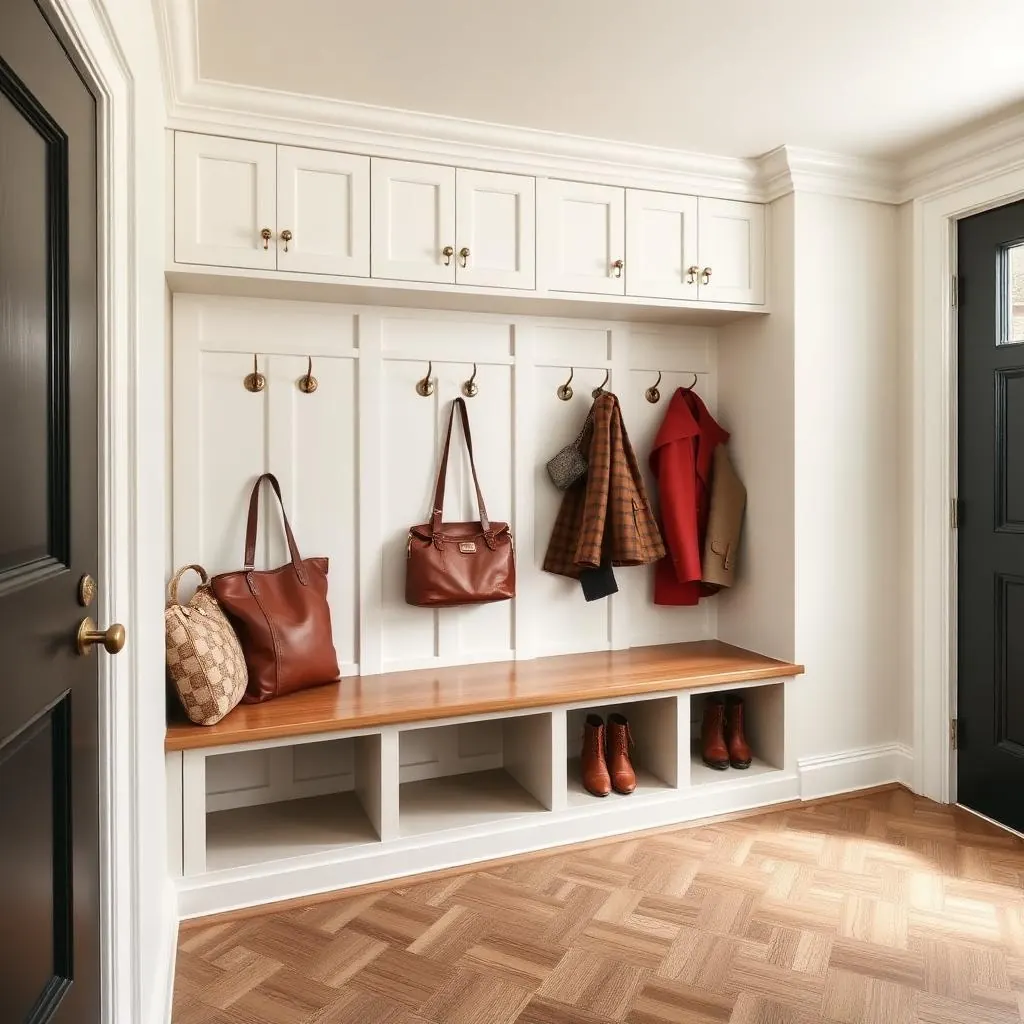 Illustrative image of a mudroom with cubbies, hooks and a bench