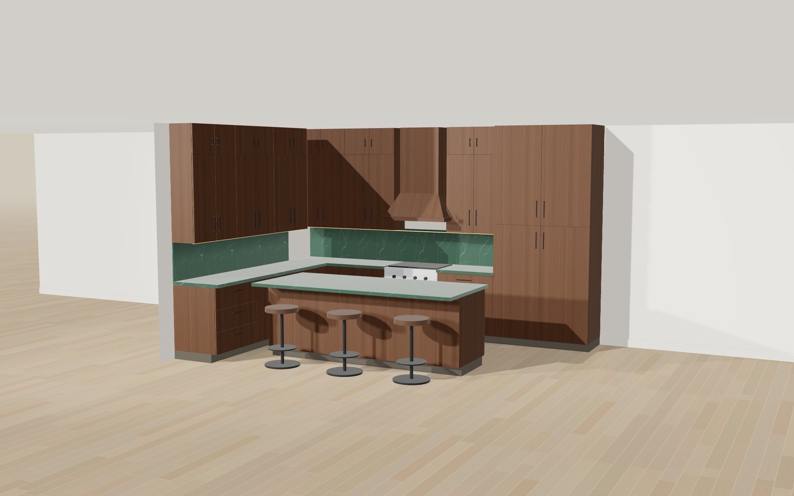 Walnut island: 3D rendering of a Kabinet Worx design