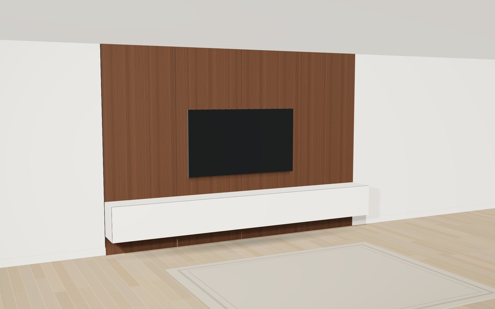 Walnut and white: 3D rendering of a Media Wall Worx design